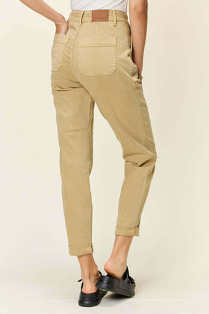 High Waist Jogger Jeans Full Size in beige, showcasing Judy Blue Jeans with a flattering fit, elasticized waistband, and adjustable drawstring.