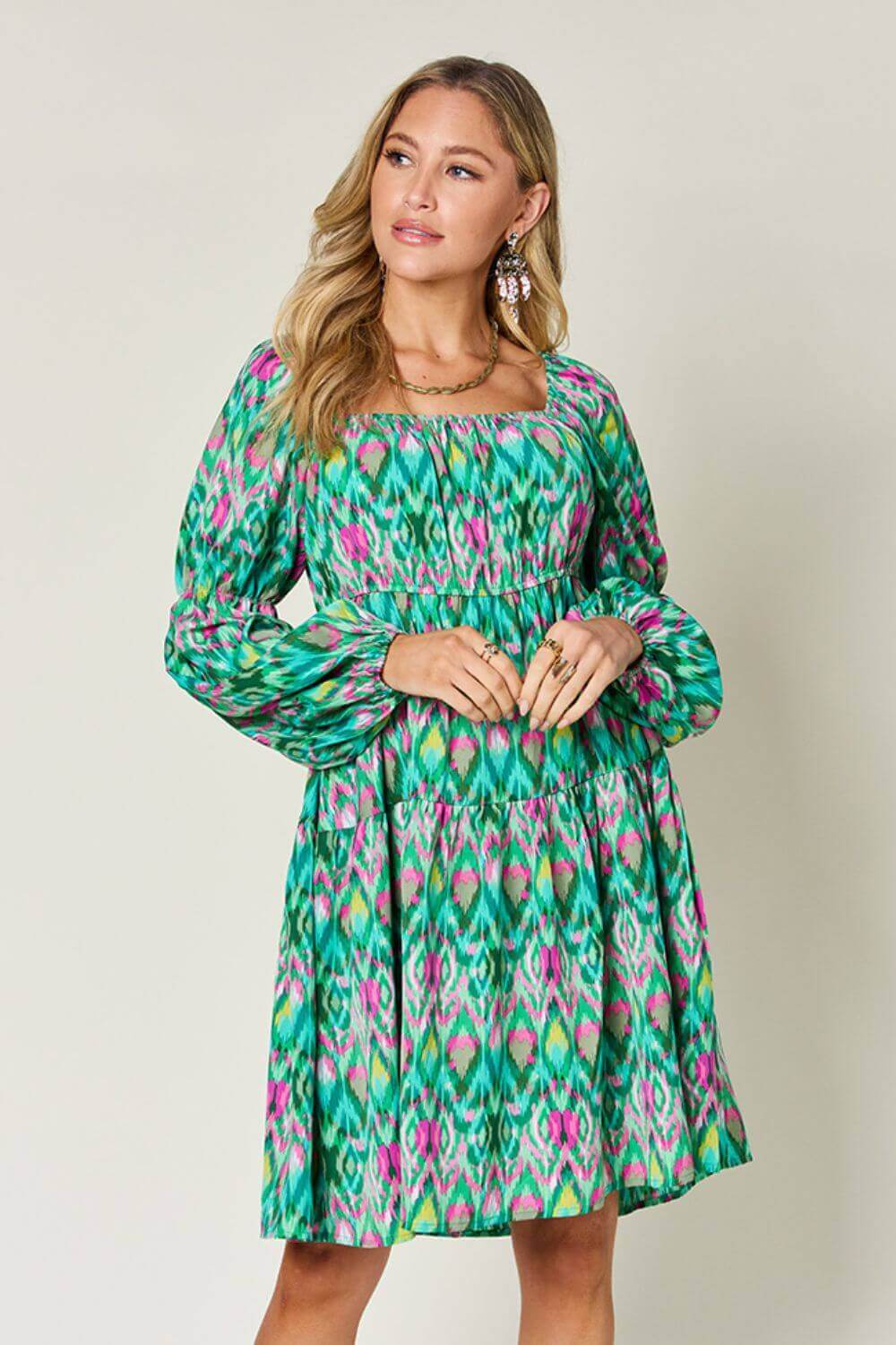 DOUBLE TAKE Full Size Printed Long Sleeve Dress at Bella Road