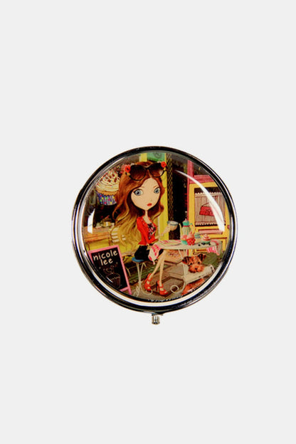 Nicole Lee USA Print Metallic Circular Large Pill Case with stylish illustrated cover.