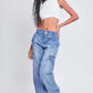 Model wearing YMI Junior High Rise Straight Leg Cargo Jeans with comfy stretch denim and trendy patch pockets.