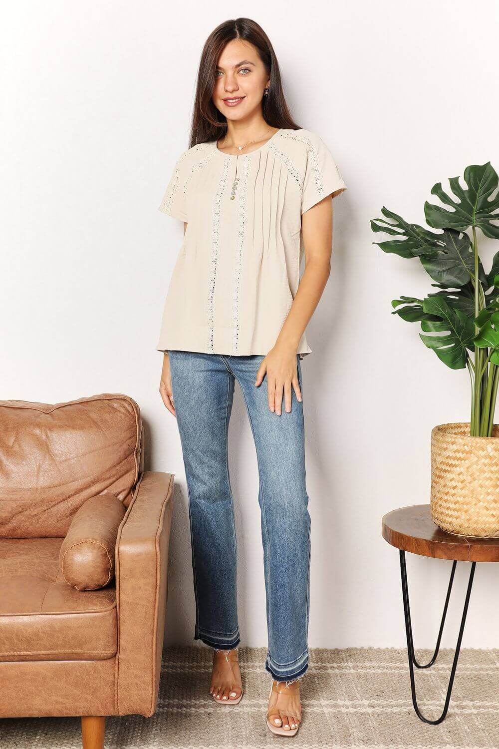 DOUBLE TAKE Crochet Buttoned Short Sleeves Top at Bella Road