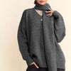 Davi & Dani V-Neck Dropped Shoulder Sweater with Scarf Set - Dark Gray