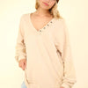 VERY J Washed V-Neck Exposed Seam Knit Top - Beige