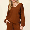 Texture V-Neck Long Sleeve T-Shirt and Shorts Set | Full Size - Caramel