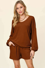 DOUBLE TAKE Full Size Texture V-Neck Long Sleeve T-Shirt and Shorts Set at Bella Road