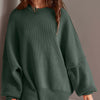 Double Take Side Slit Round Neck Long Sleeve Sweater - Moss