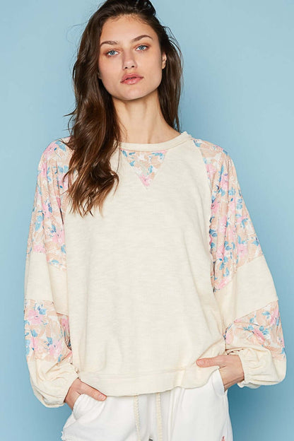 Round Neck Balloon Floral Long Sleeve Top