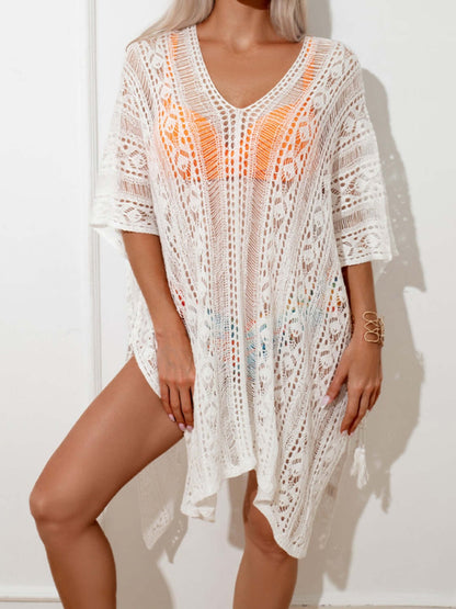 Woman wearing Openwork V-Neck Half Sleeve Cover-Up made of sheer, stretchy 100% polyester, showcasing intricate lace detailing.