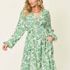 Printed Ruched Balloon Sleeve Dress | Full Size - Gum Leaf