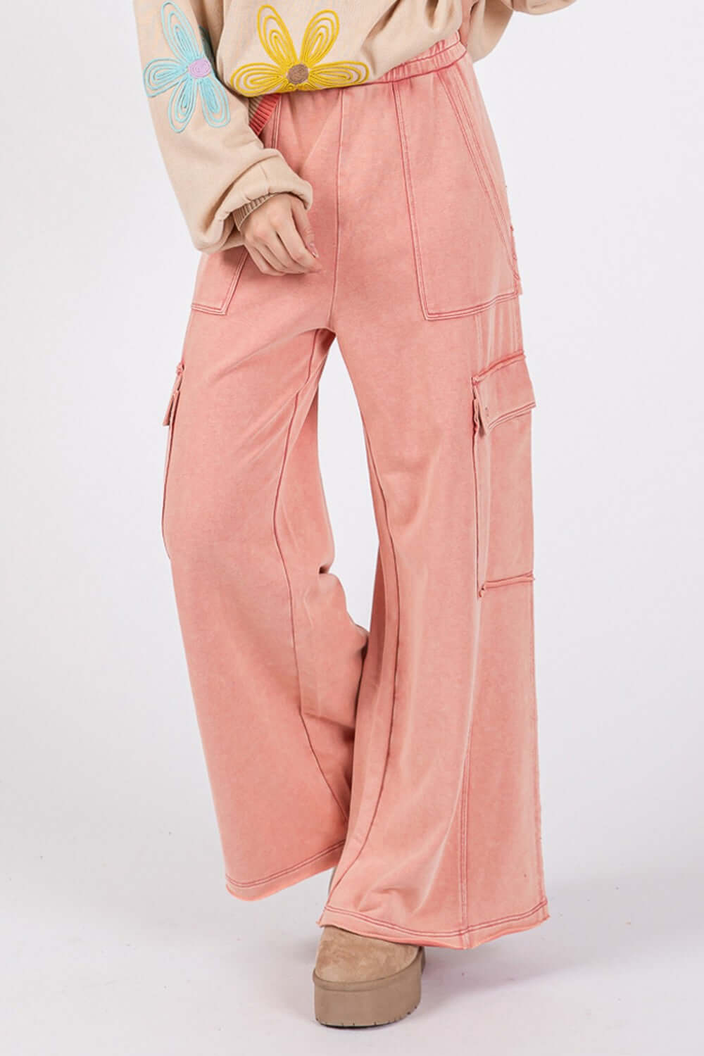 Knit Terry Mineral Wash Wide Leg Pants in pink with a cozy fit and trendy design, perfect for lounging or running errands in style.