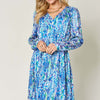 Printed Drawstring Waist Long Sleeve Dress | Full Size - Ultra marine