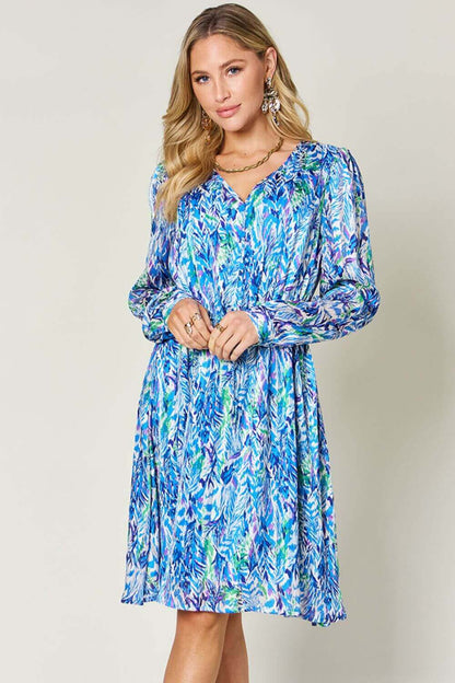 DOUBLE TAKE Full Size Printed Drawstring Waist Long Sleeve Dress at Bella Road