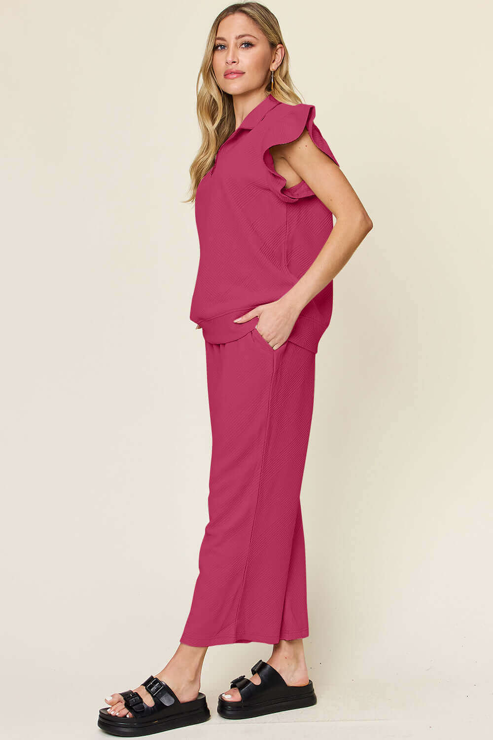 DOUBLE TAKE Texture Ruffle Short Sleeve Top and Drawstring Wide Leg Pants Set at Bella Road