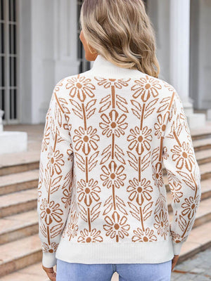 Woman wearing Angel Wings Flower Turtleneck Long Sleeve Sweater with floral design, back view