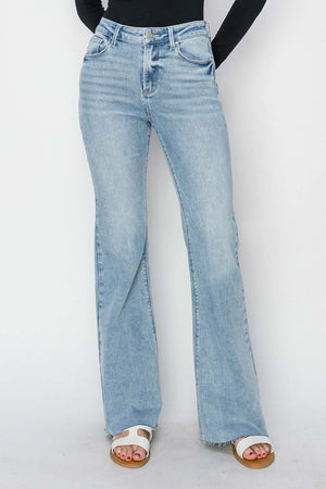 High rise raw cut hem bootcut jeans by Risen Jeans with retro-inspired bootcut leg and trendy raw cut hem, perfect for chic outfits.