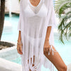 Fringe Trim Dolman Sleeve Openwork Cover-Up - White