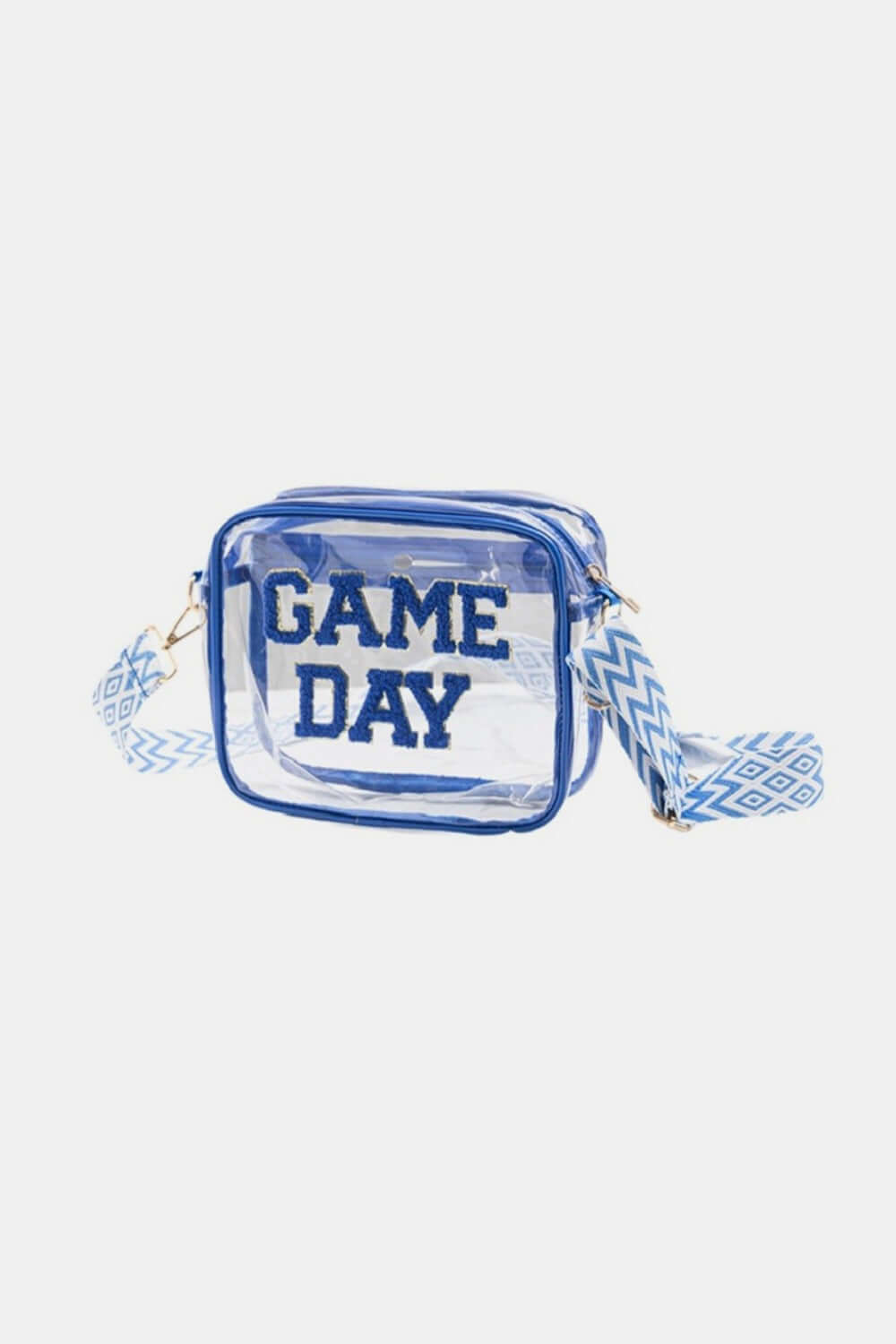 Transparent crossbody bag with "GAME DAY" letters and blue patterned strap, perfect for stadiums and easy security checks.