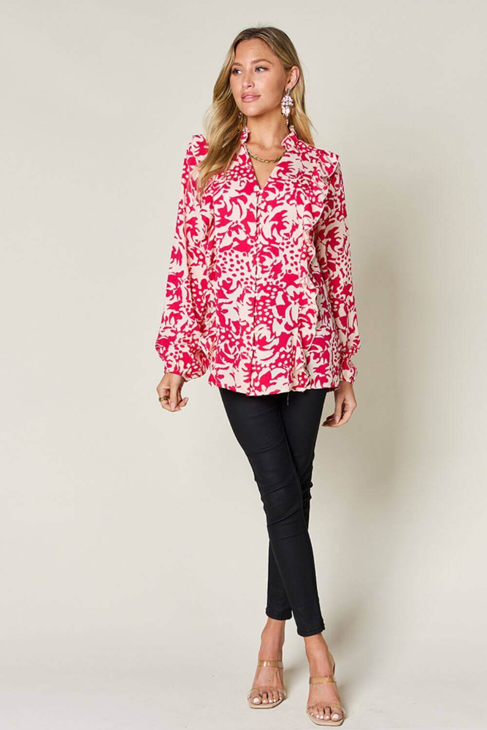 DOUBLE TAKE Full Size Printed Ruffle Trim Balloon Sleeve Shirt at Bella Road