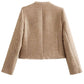 Back view of Bella Road Raw Hem Pocketed Round Neck Jacket with unique raw hem and normal thickness in light brown color.