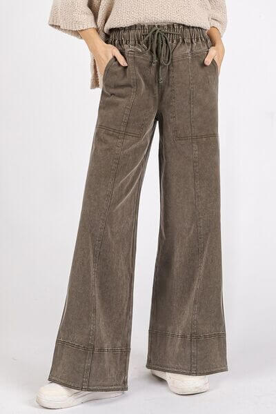 Stylish Mittoshop mineral wash elastic wide leg pants with a relaxed fit, perfect for casual outfits and laid-back looks.