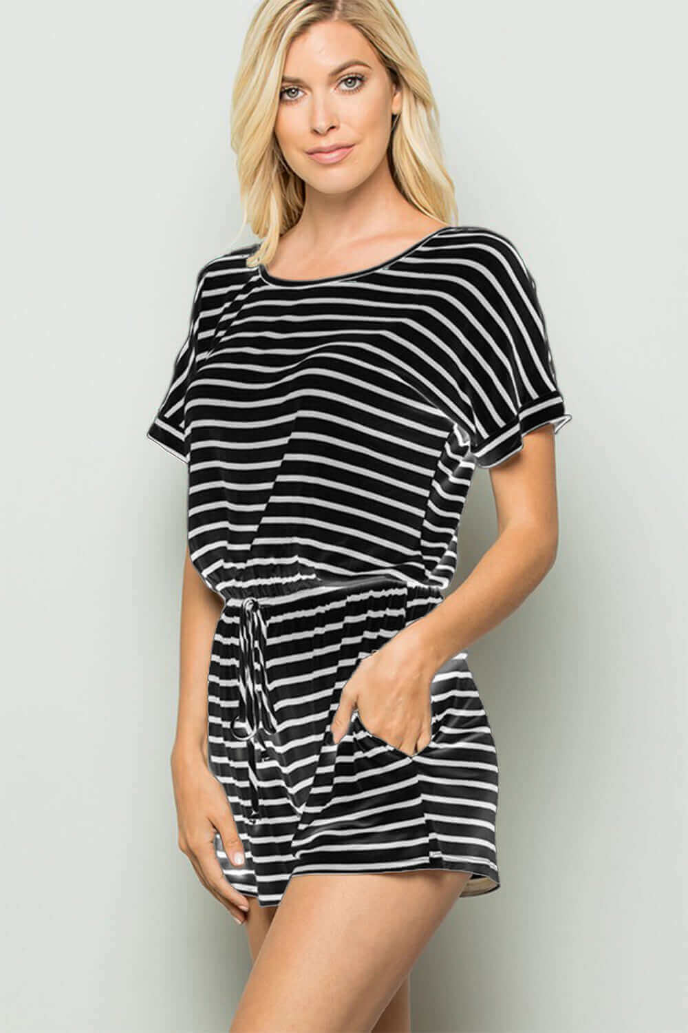 HEIMISH Full Size Striped Round Neck Short Sleeve Romper at Bella Road