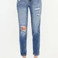 High Rise Distressed Mom Jeans with flattering high-rise waist and edgy tear details for a chic and stylish look. Perfect addition to your denim collection.