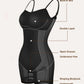 Black shaping bodysuit with built-in bra, double layer, open gusset, and underneath shaping, features marked with labels