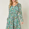 Printed Drawstring Waist Long Sleeve Dress | Full Size - Teal