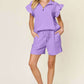 DOUBLE TAKE Full Size Texture Flounce Sleeve Top and Drawstring Shorts Set at Bella Road