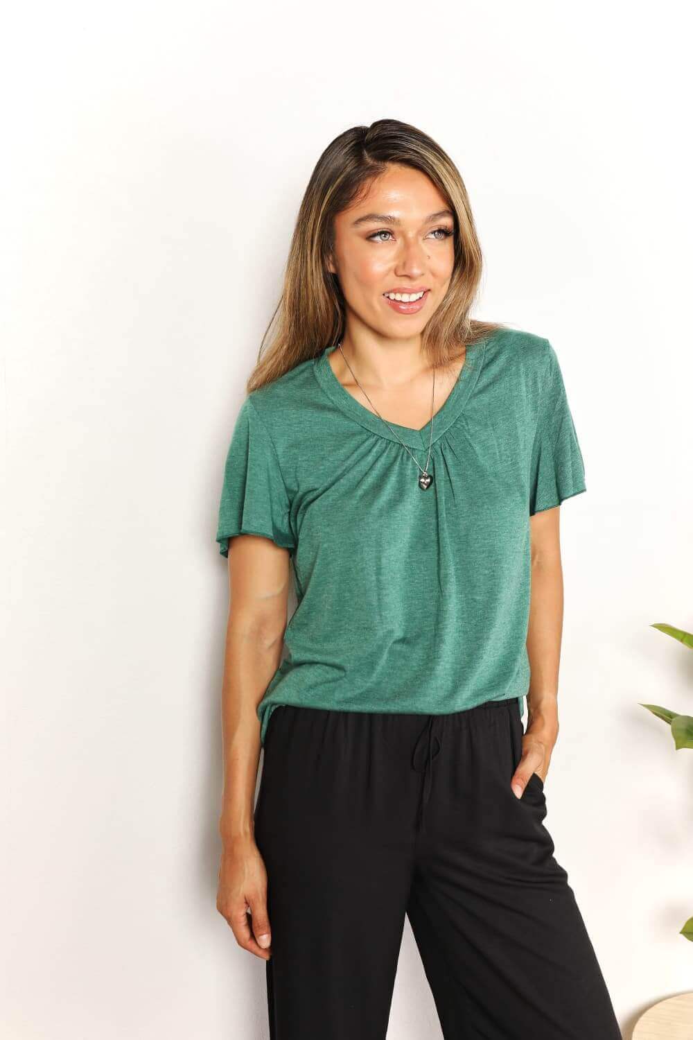 DOUBLE TAKE Ruched V-Neck Short Sleeve T-Shirt at Bella Road