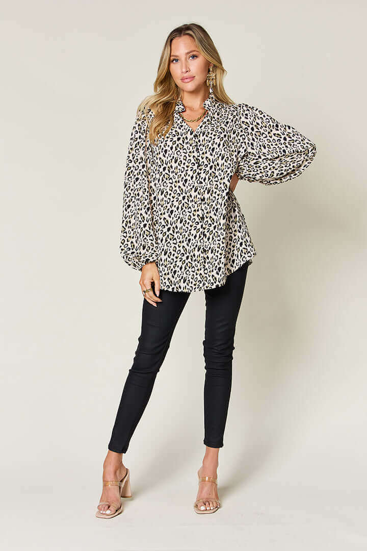 DOUBLE TAKE Full Size Leopard Long Sleeve Blouse at Bella Road