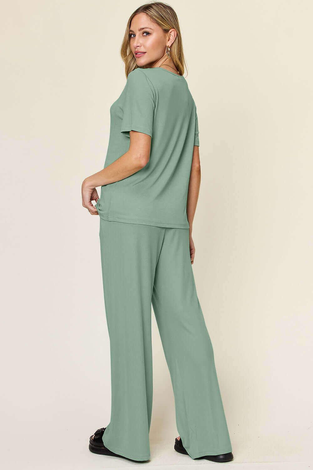 DOUBLE TAKE Full Size Round Neck Short Sleeve T-Shirt and Wide Leg Pants Set at Bella Road