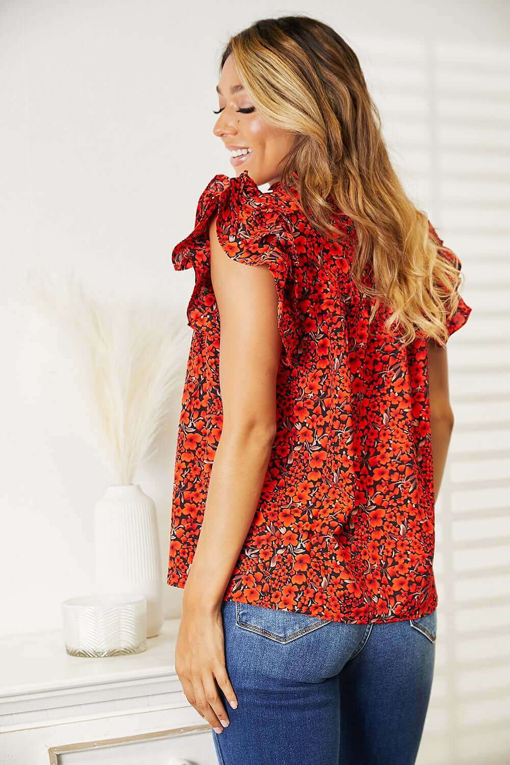 DOUBLE TAKE Floral Flutter Sleeve Notched Neck Blouse at Bella Road