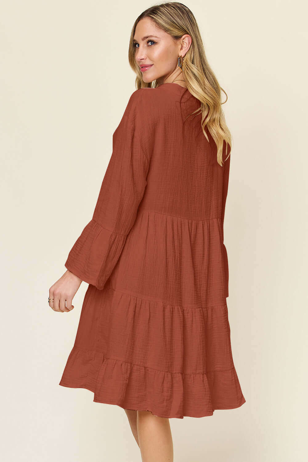 DOUBLE TAKE Full Size Texture Button Up Ruffle Hem Dress at Bella Road