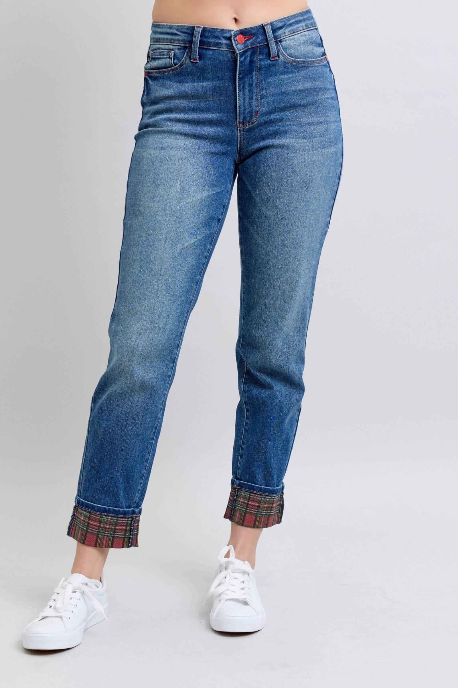 Judy Blue plaid print cuff straight leg jeans with pockets, style and comfort for everyday wear.