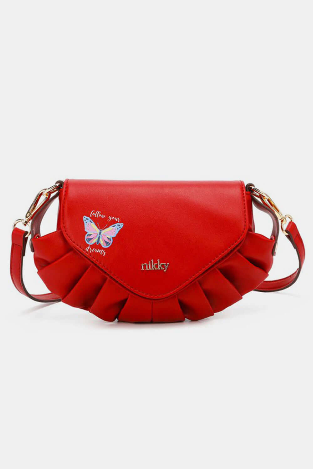 Red Nicole Lee USA graphic crossbody bag with butterfly design and ruffled edges