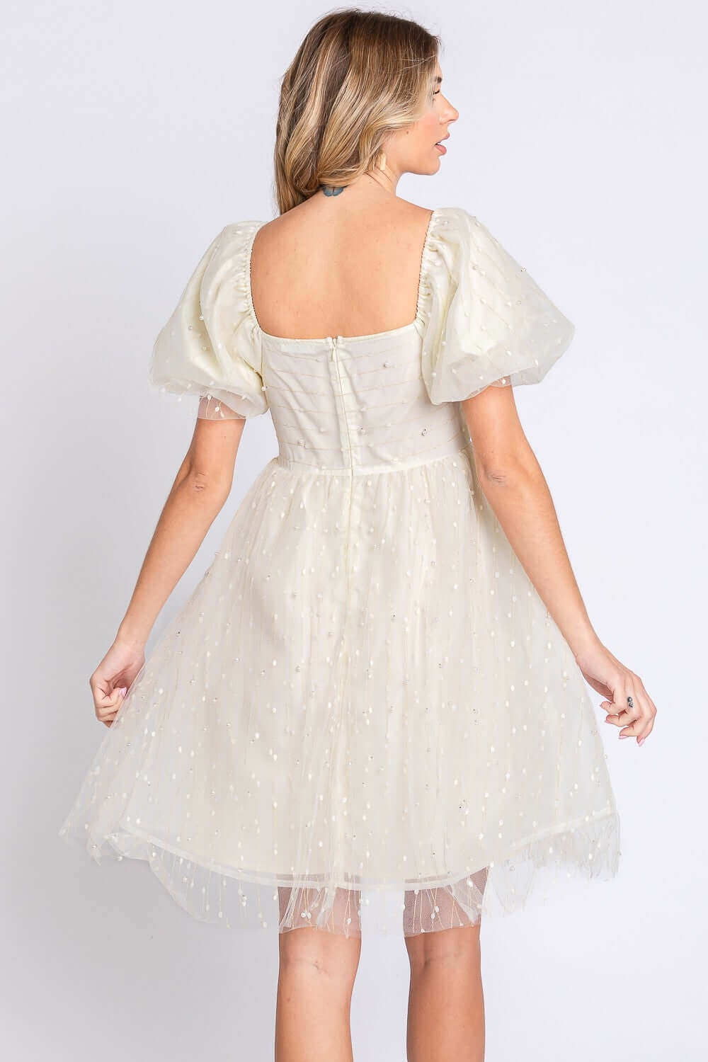 GEEGEE Pearl Mesh Puff Sleeve Babydoll Dress at Bella Road