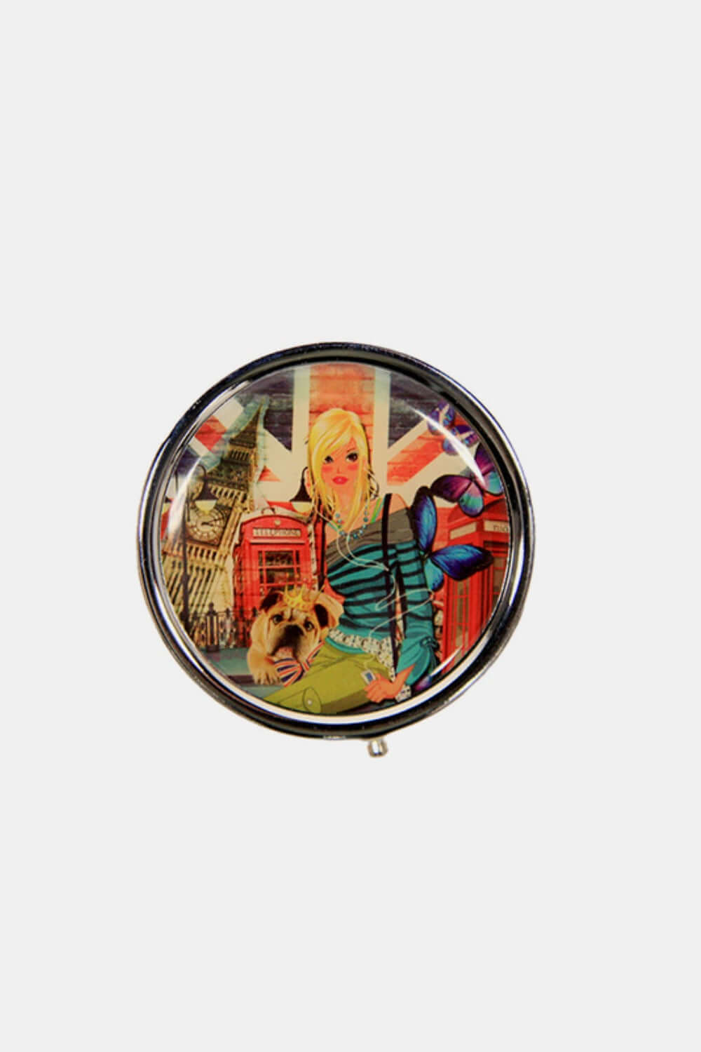 Nicole Lee USA Print Metallic Circular Large Pill Case with colorful design featuring a woman and dog in front of British landmarks.