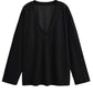 Basic Bae V-Neck Dropped Shoulder Long Sleeve Sweatshirt with Built-In Bra in Black, Highly Stretchy Material