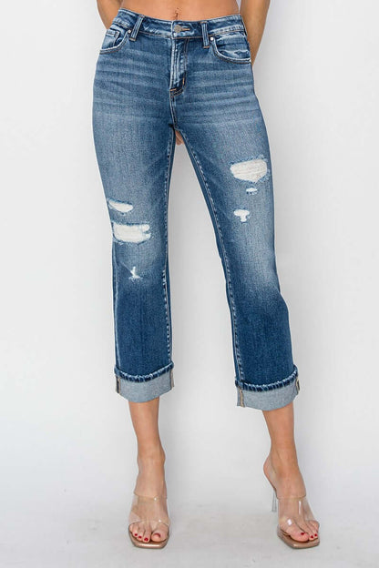 Risen full size cuffed ankle distressed straight jeans with relaxed fit and rugged charm, paired with transparent heels.