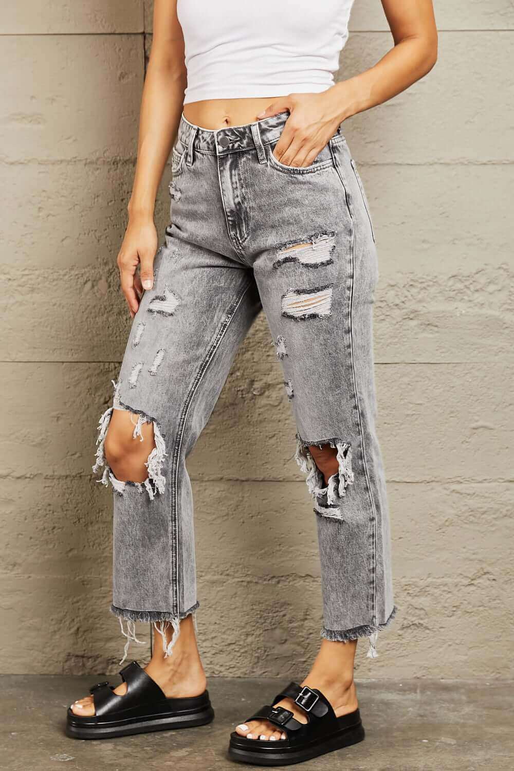 BAYEAS Acid Wash Distressed Straight Jeans at Bella Road