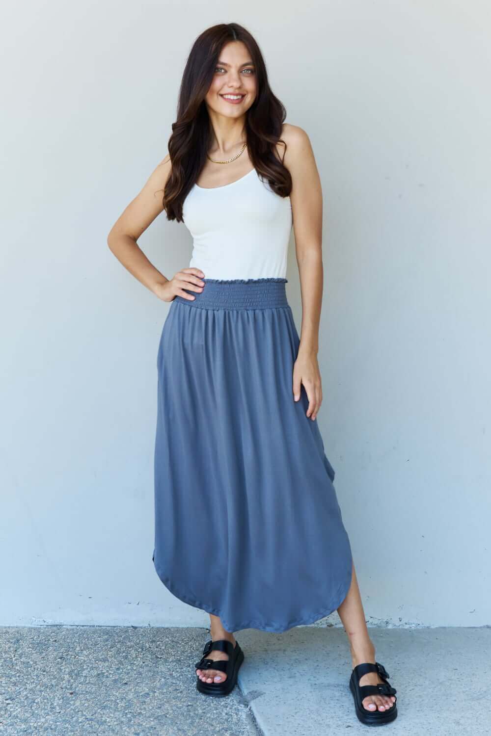 DOUBLJU Comfort Princess Full Size High Waist Scoop Hem Maxi Skirt in Dusty Blue at Bella Road