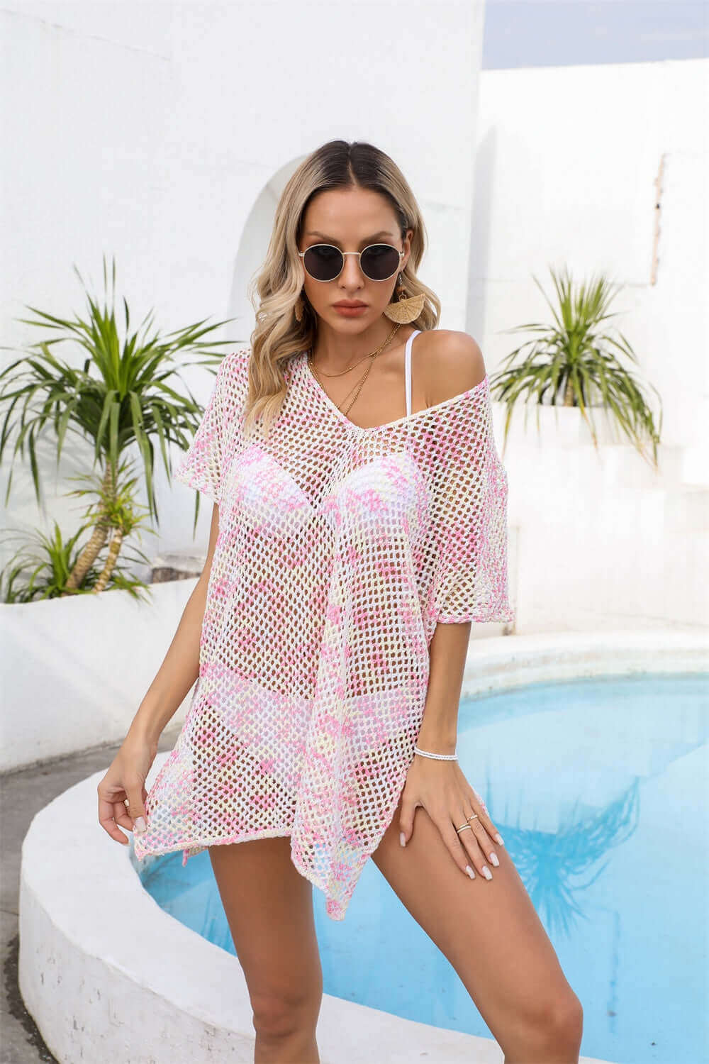 BELLA ROAD Openwork V-Neck Short Sleeve Cover Up at Bella Road