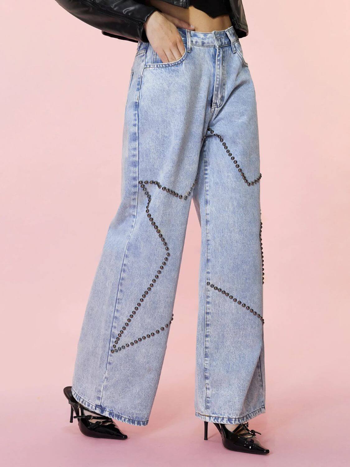 Trendy Bella Road studded star straight jeans with pockets, perfect for a bold fashion statement.