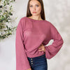 Waffle-Knit Round Neck Long Sleeve Blouse | Full Size - DARK ROSE