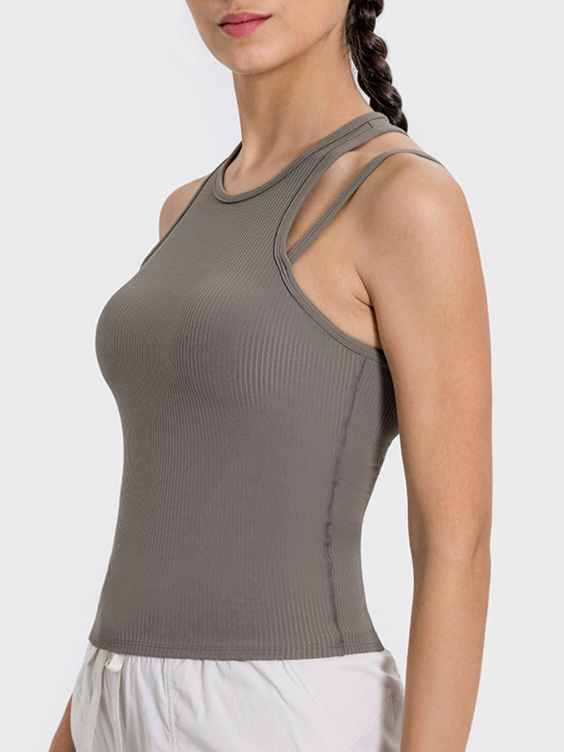 Millennia Cutout Round Neck Racerback Active Tank in olive green, highlighting stylish cutout design and comfortable fit.