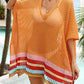 Woman wearing slit openwork V-neck half sleeve cover-up with colorful striped hem, standing by pool.