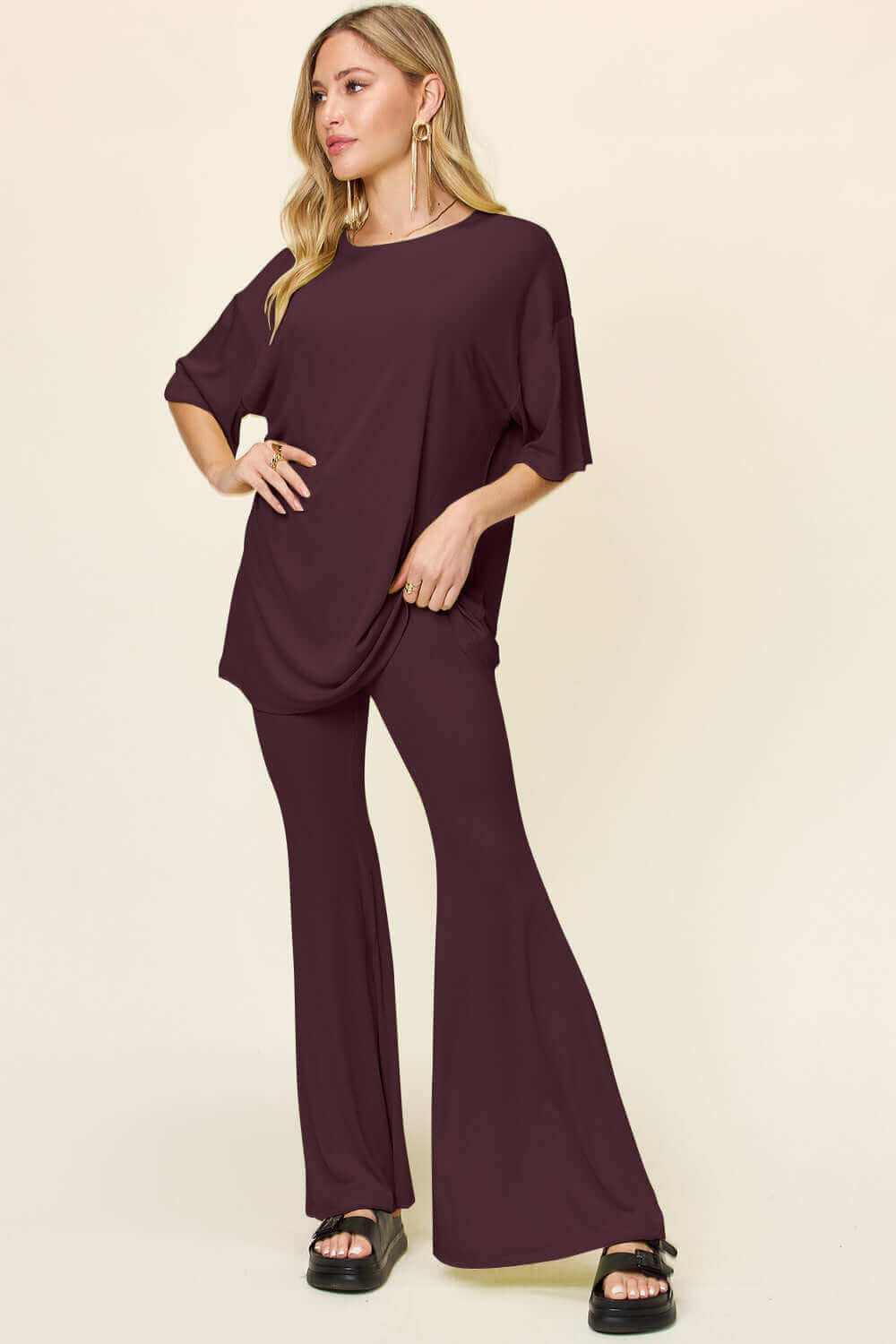 DOUBLE TAKE Full Size Round Neck Drop Shoulder T-Shirt and Flare Pants Set at Bella Road