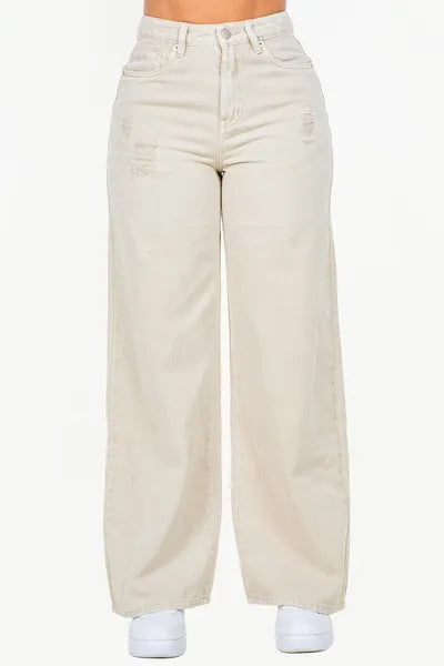 High waist distressed wide leg jeans in light color, offering a trendy and comfortable fit.