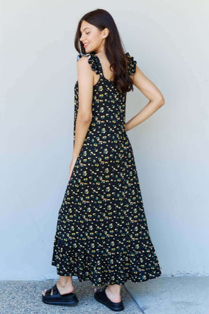 DOUBLJU In The Garden Ruffle Floral Maxi Dress in Black Yellow Floral at Bella Road